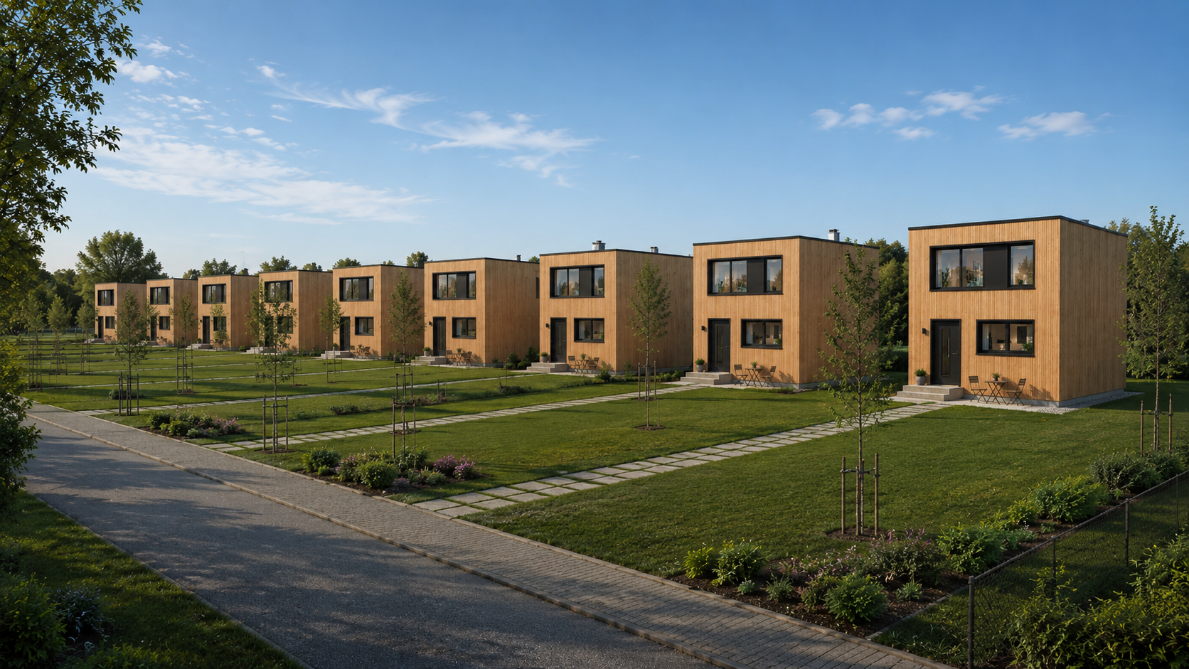 Vizualizace řady malých dřevěných domků s větším prostorem před domy